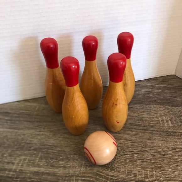 Classic Wooden Five Pin Bowling Set with Red Accents - Picture 4 of 11